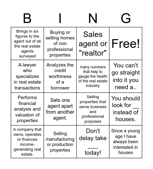 Real Estate Bingo Card