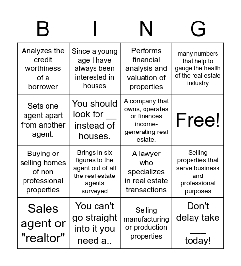 Real Estate Bingo Card
