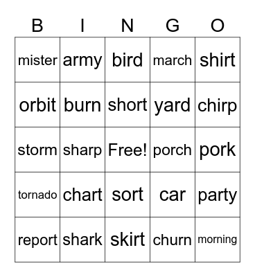 R-controlled vowels Bingo Card