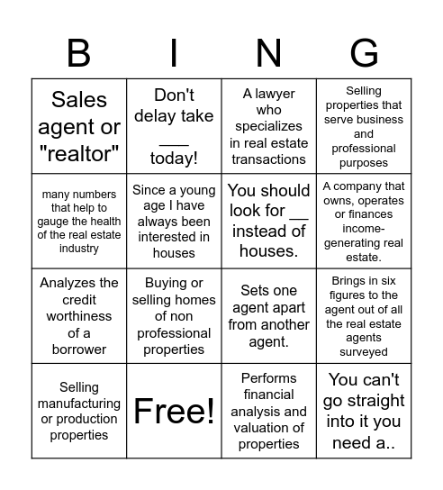 Real Estate Bingo Card