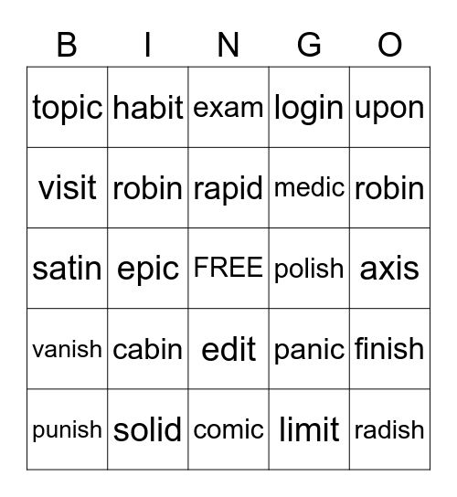 3.1 Relish Words Bingo Card