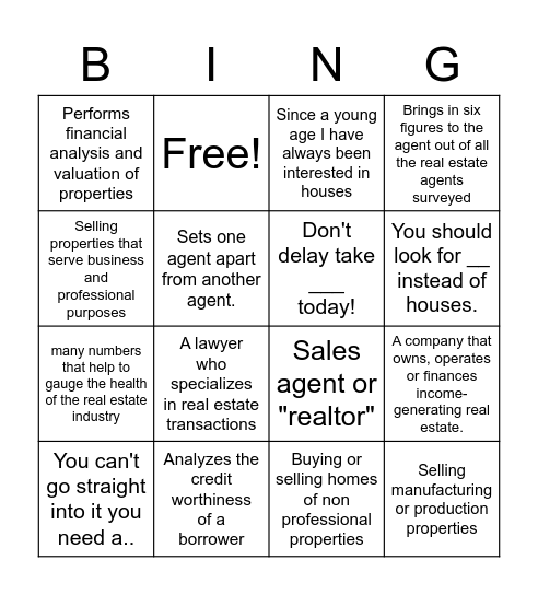 Real Estate Bingo Card