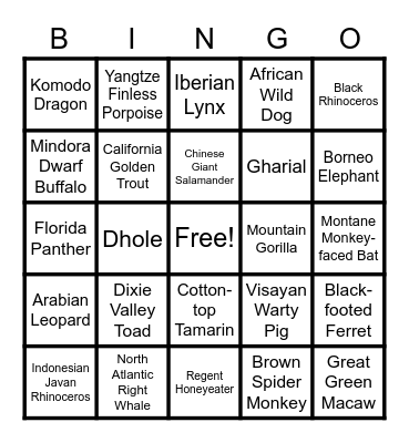 National Endangered Species Day Bingo Card