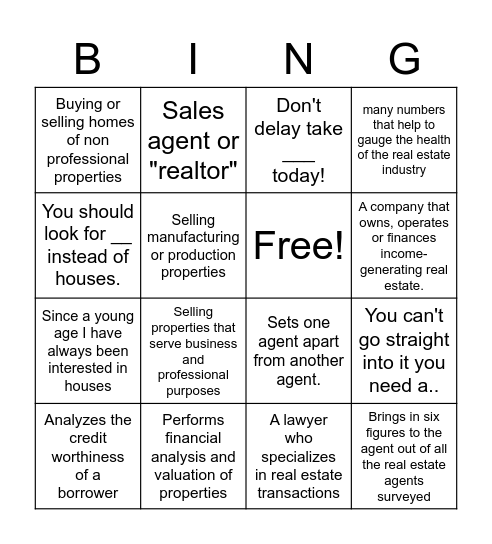Real Estate Bingo Card