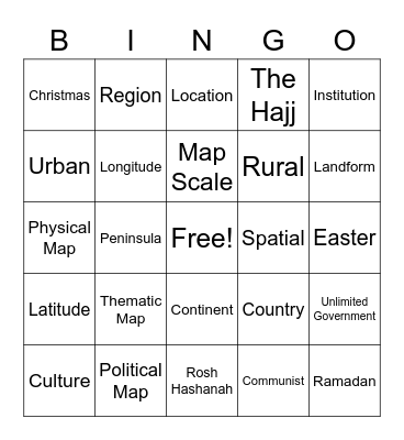 Thinking Like a Geographer Bingo Card