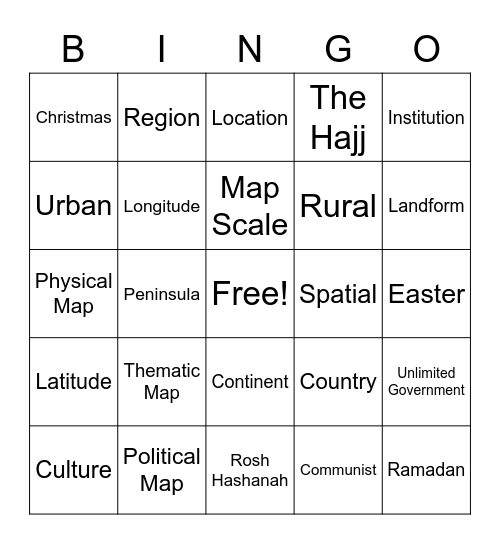 Thinking Like a Geographer Bingo Card