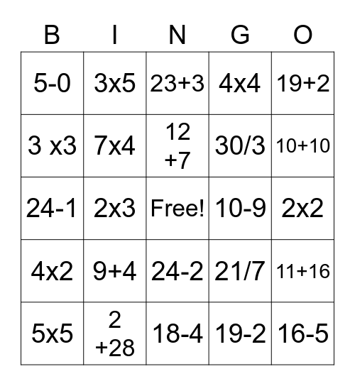 Math Bingo Card