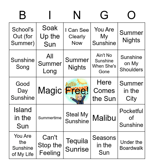 Sunshine and Summer Music Bingo Card