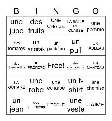 REVISION= LA VIE SCOLAIRE Bingo Card