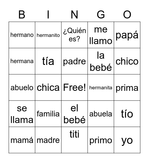 Mi Familia Bingo Card