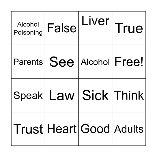 Alcohol Prevention Bingo :) Bingo Card