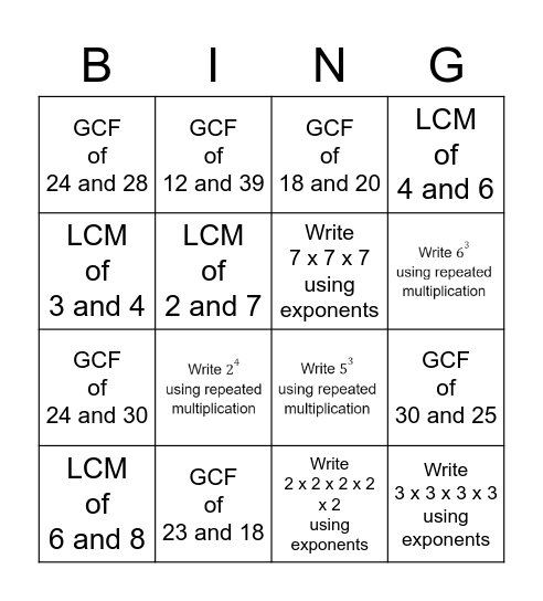 Factors and Multiples Bingo Card