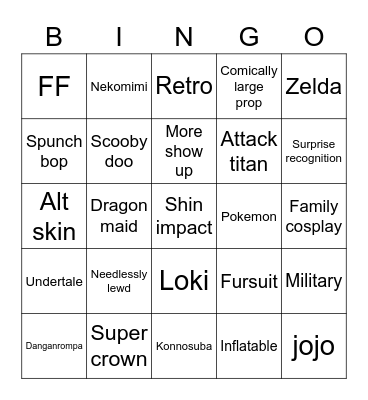 Cosplay Bingo Card