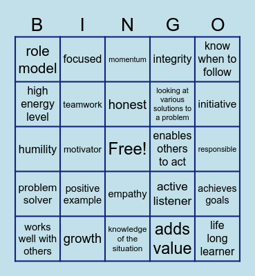 Leadership traits Bingo Card