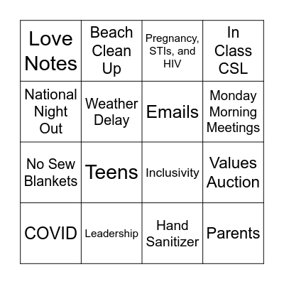 South Texas Teen Leadership & Development Bingo Card