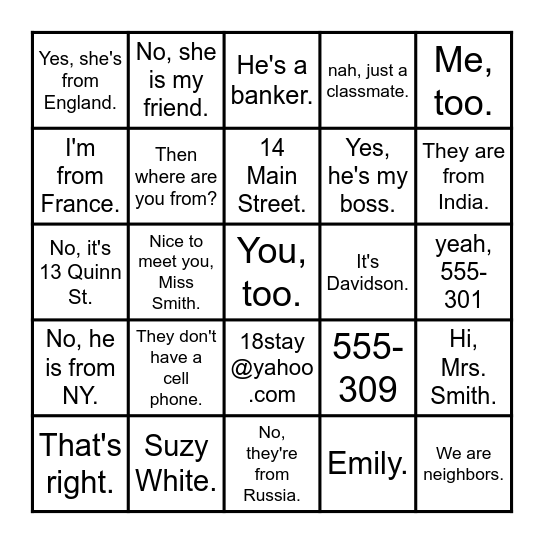 Q & A - Unit 2 Bingo Card