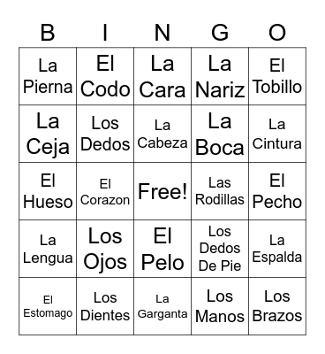 Body Parts Spanish Bingo Card