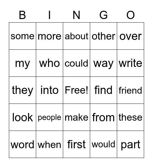 Site Word Bingo Card