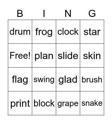 Consonant Blends Bingo Card