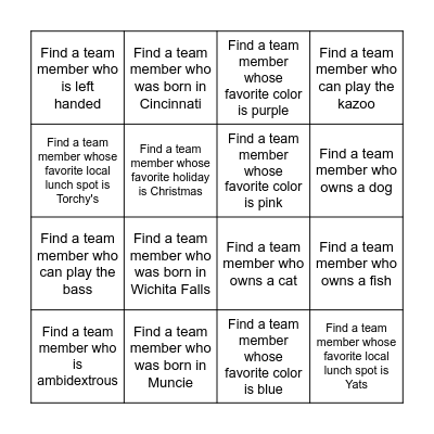 Get to Know the Team! Bingo Card