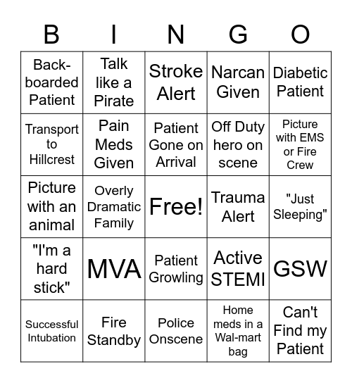 Bravo Shift Bingo Card
