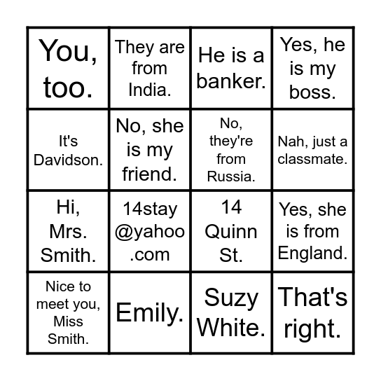 Q&A - Unit2 Bingo Card