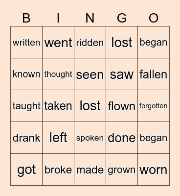 IRREGULAR VERBS (PAST SIMPLE & PAST PARTICIPLE) Bingo Card