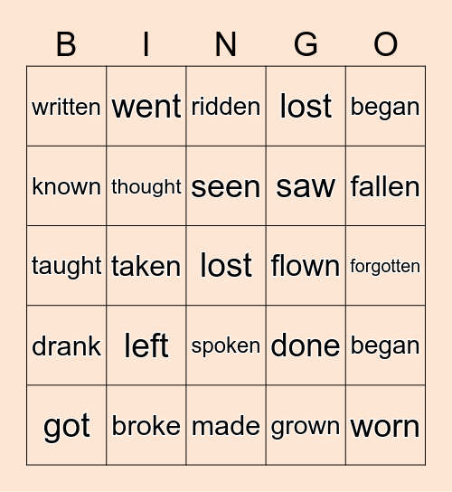 IRREGULAR VERBS (PAST SIMPLE & PAST PARTICIPLE) Bingo Card