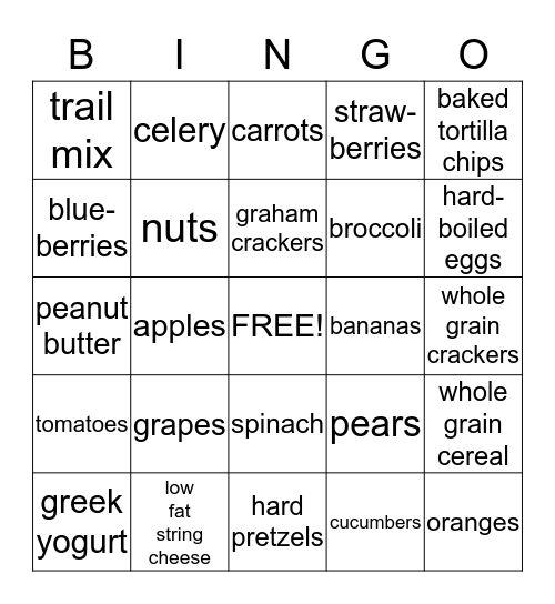 Healthy Snacks Bingo Card