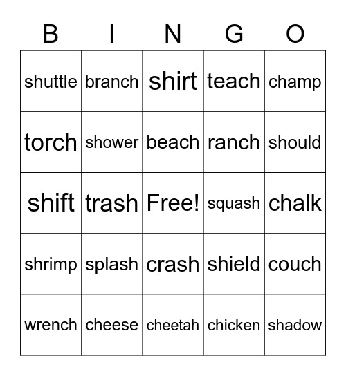 Digraph Bingo "Ch" and "Sh" Bingo Card