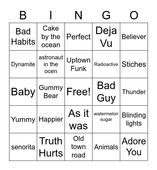 music bingo Card