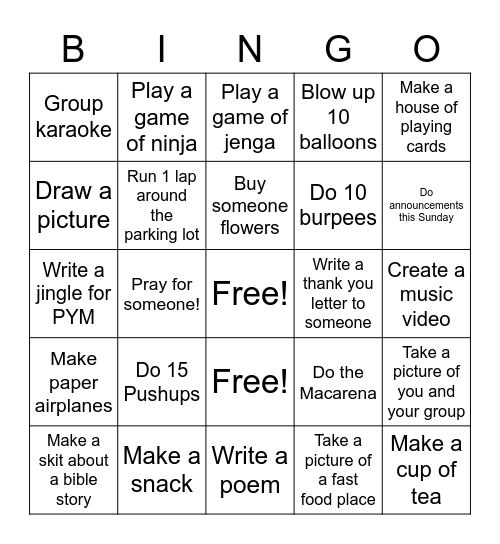 PYMSH Friday Night Bingo Card