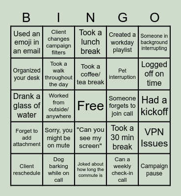 Remote Work Bingo Card