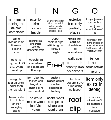 The Sims 4 Build Disaster Bingo Card