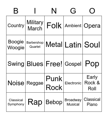 Music Styles Bingo Card