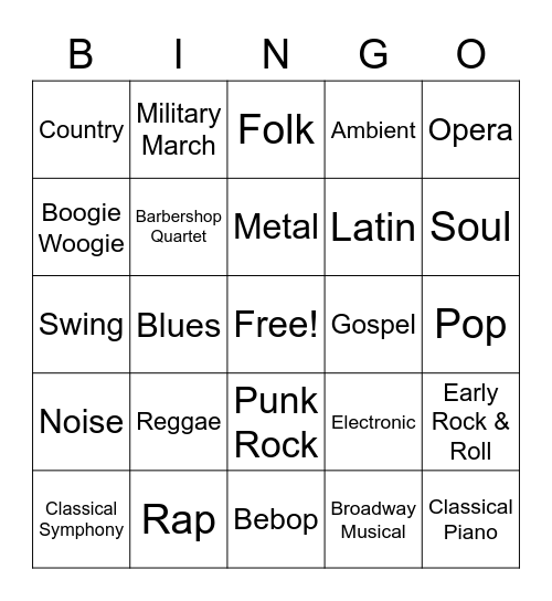 Music Styles Bingo Card