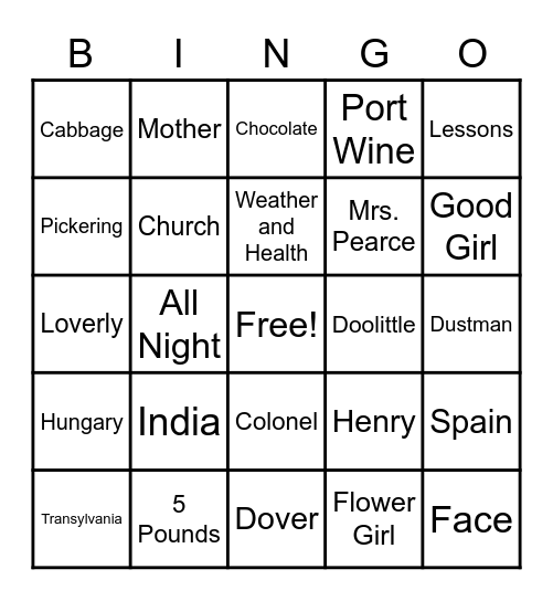 My Fair Lady Bingo Card