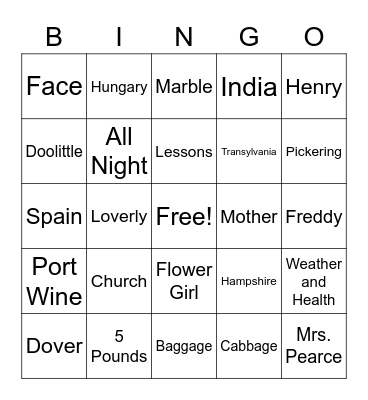My Fair Lady Bingo Card