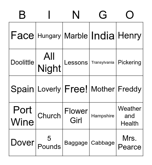 My Fair Lady Bingo Card