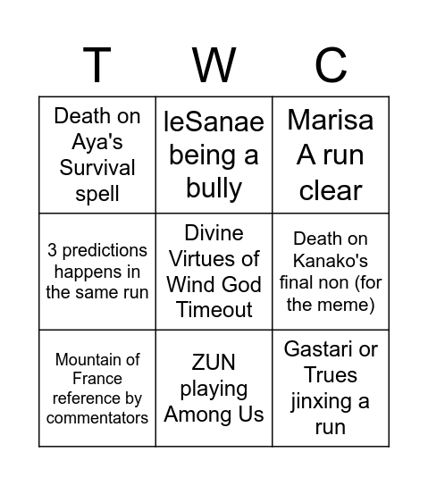 Touhou 10 TWC 2022 BINGO Card