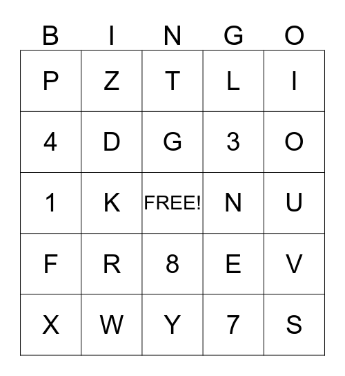 Numbers and Letters Bingo Card