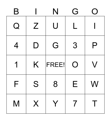 Numbers and Letters Bingo Card