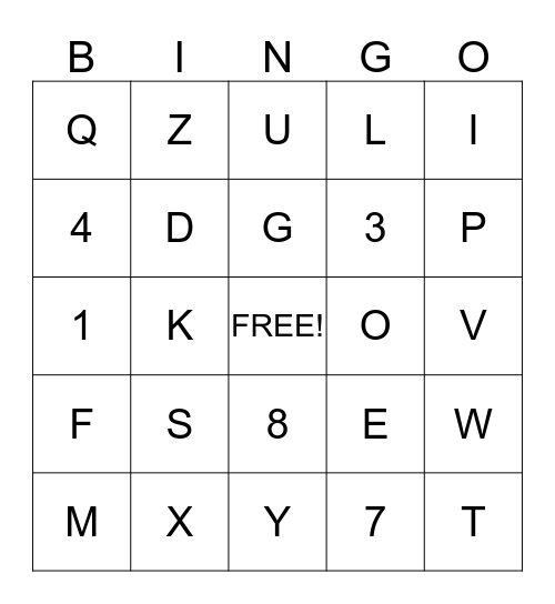 Numbers and Letters Bingo Card
