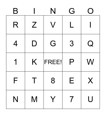 Numbers and Letters Bingo Card