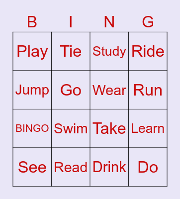 Verbs Bingo Card