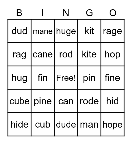 CVC / CVe Words Bingo Card