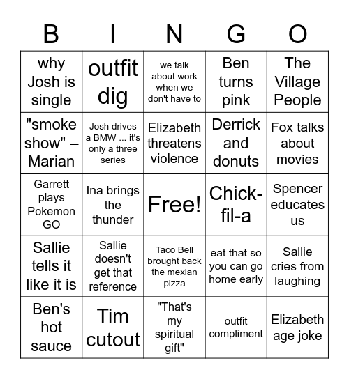 Staff Lunch Bingo Card