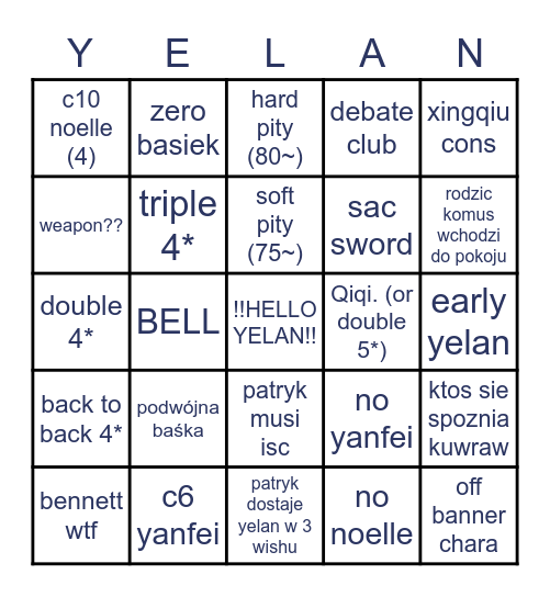 Yelan wishing bingo Card
