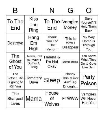 MCR Songs to See Live Bingo Card