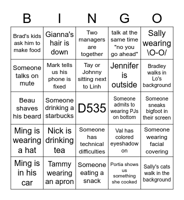 D535 Video Call Bingo Card